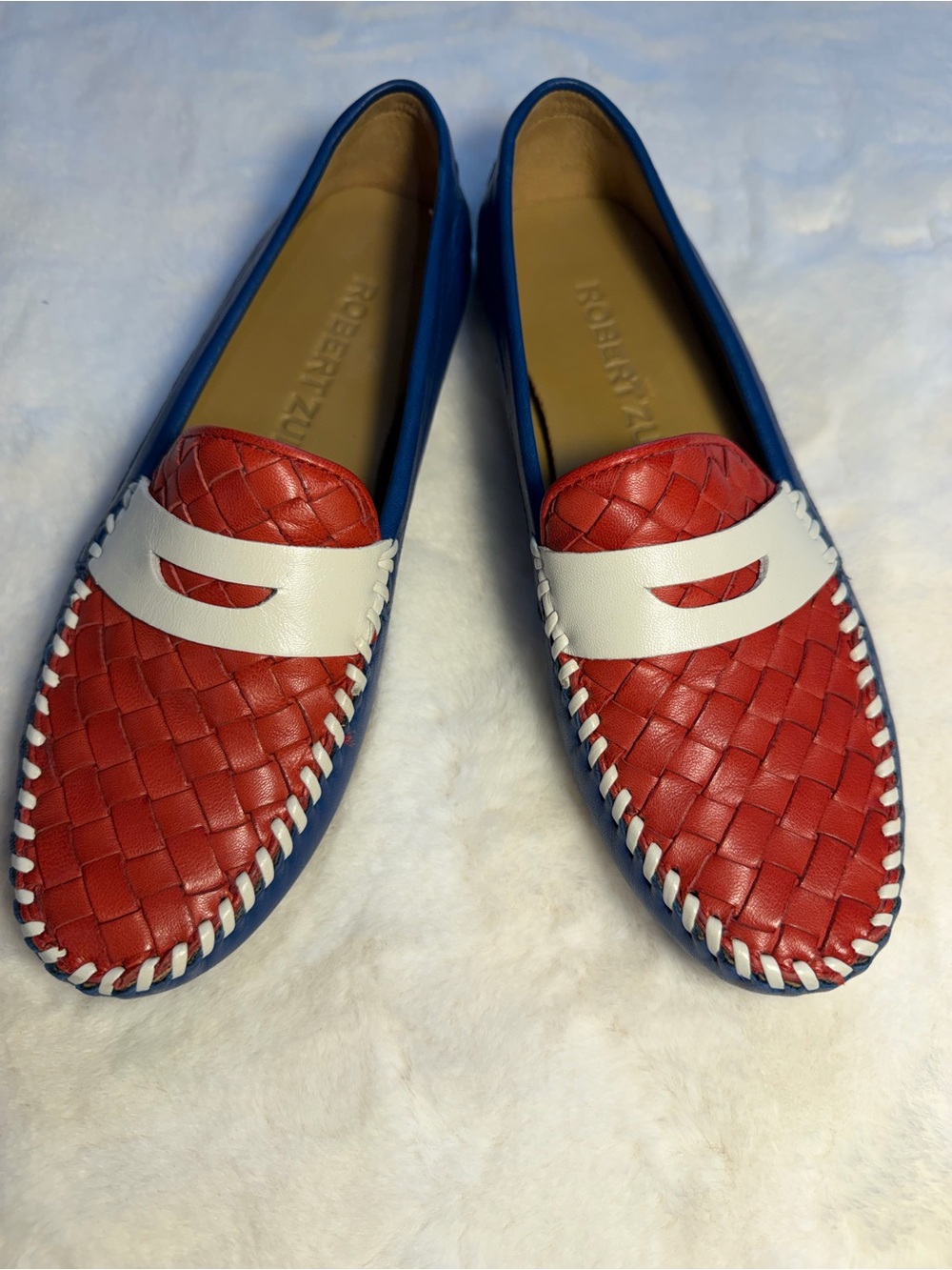 Robert Zur Red, White & Blue Woven Leather Loafers Size 6.5 AA